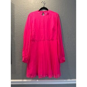 ASOS DESIGN Neon Pink Pleated Chiffon Mini Dress Long Sleeve High Neck US 12